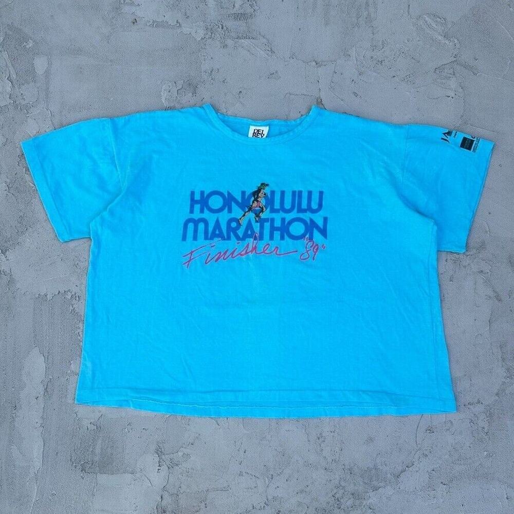 Vintage Single Stitch Honolulu Marathon Finisher Hawaii 1989 Blue Boxy T Shirt